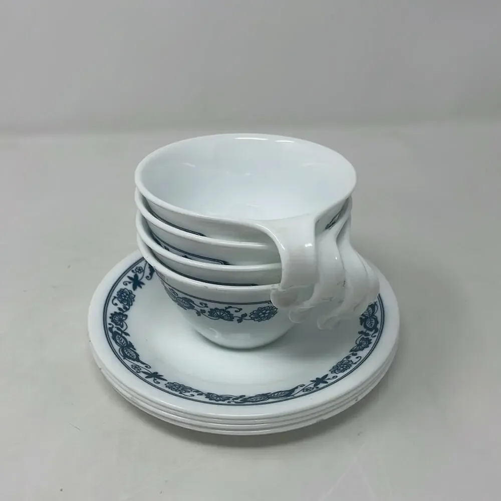 4 sets Corelle Corning Old Town Blue Hook Stacking Coffee Tea Cups With Saucers